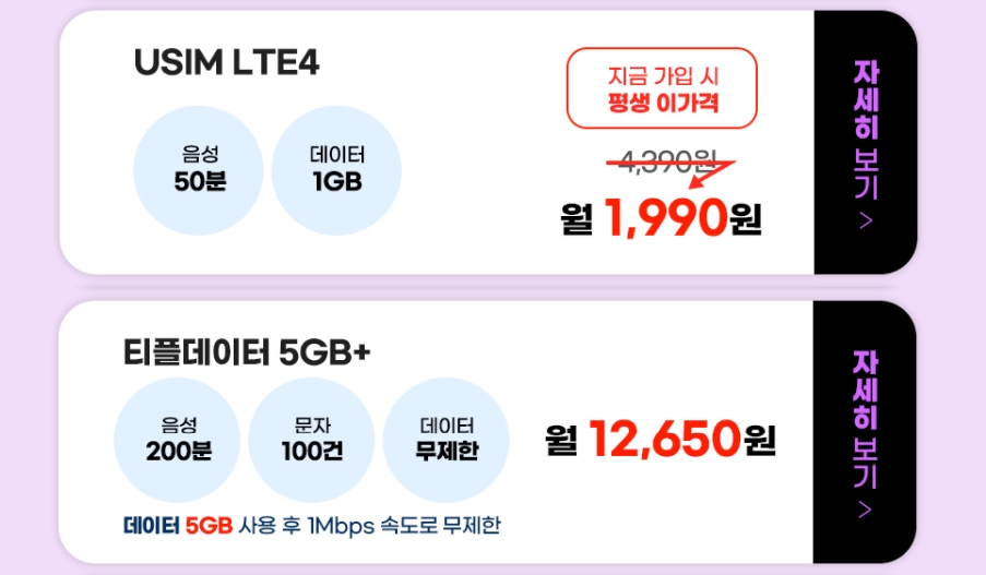 [티플러스] 알뜰폰 1GB 50분 USIM LTE4 요금제 ( 1,990원 / 무료배송) - 